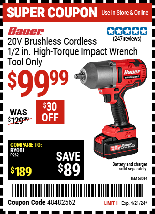 Harbor Freight Coupons, HF Coupons, 20% off - BAUER 20V Brushless Cordless 1/2 in. High-Torque Impact Wrench ?? Tool Only for $109.99