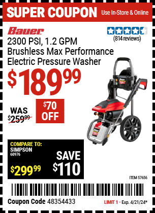 Harbor Freight Coupons, HF Coupons, 20% off - 2300 PSI 1.2 GPM Brushless Max Performance Electric Pressure Washer