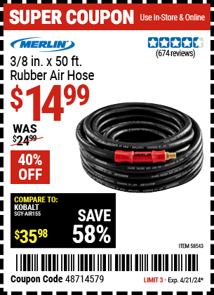 Harbor Freight Coupons, HF Coupons, 20% off - MERLIN 3/8 in. x 50 ft. Rubber Air Hose 
