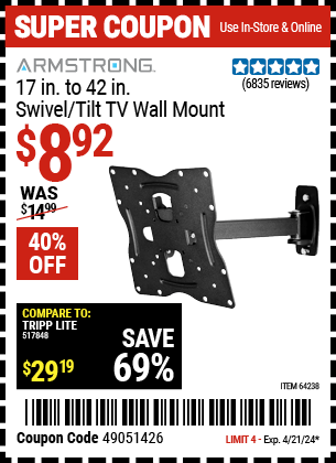 Harbor Freight Coupons, HF Coupons, 20% off - Swivel/tilt Tv Wall Mount