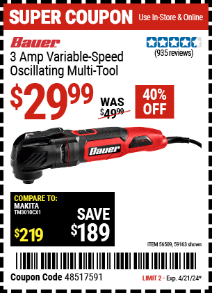 Harbor Freight Coupons, HF Coupons, 20% off - 3A Variable Speed Oscillating Multi-Tool