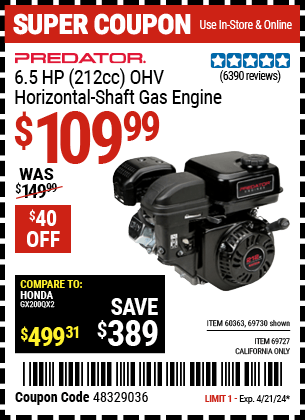 Harbor Freight Coupons, HF Coupons, 20% off - 6.5 Hp (212 Cc) Ohv Horizontal Shaft Gas Engines