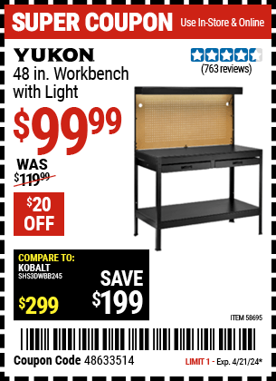 Harbor Freight Coupons, HF Coupons, 20% off - YUKON 48 in. Workbench with Light 