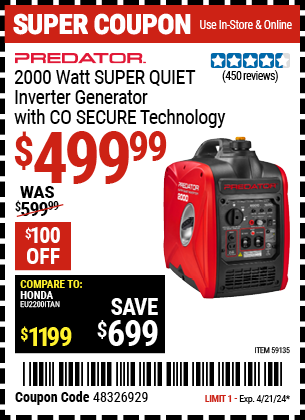 Harbor Freight Coupons, HF Coupons, 20% off - PREDATOR 2000 Watt SUPER QUIET Inverter Generator with CO SECURE Technology for $499.99