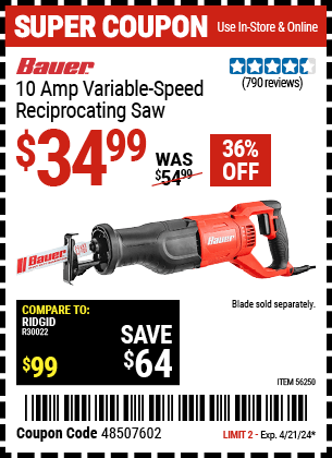 Harbor Freight Coupons, HF Coupons, 20% off - Bauer 10 Amp Variable Speed Reciprocating Saw
