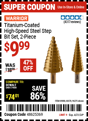 Harbor Freight Coupons, HF Coupons, 20% off - 2 Piece Titanium Nitride Coated High Speed Steel Step Drill Bits
