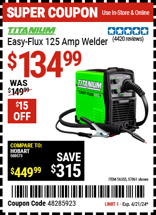 Harbor Freight Coupons, HF Coupons, 20% off - TITANIUM Easy-Flux 125 Amp Welder 