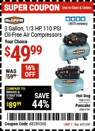 Harbor Freight Coupons, HF Coupons, 20% off - 3 Gallon 1/3 HP 110 PSI Oil-Free Hotdog Air Compressor