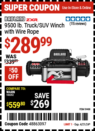 Harbor Freight Coupons, HF Coupons, 20% off - BADLAND ZXR 9500 lb. Truck/SUV Winch with Wire Rope 