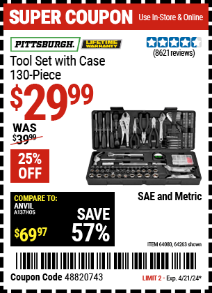 Harbor Freight Coupons, HF Coupons, 20% off - Pittsburgh 130 Piece Tool Kit With Case