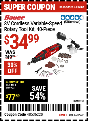 Harbor Freight Coupons, HF Coupons, 20% off - BAUER 8V Cordless Variable Speed Rotary Tool Kit 
