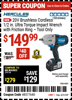 Harbor Freight Coupons, HF Coupons, 20% off - HERCULES 20V Brushless Cordless 1/2 in. Ultra Torque Impact Wrench with Friction Ring, Tool Only for $159.99