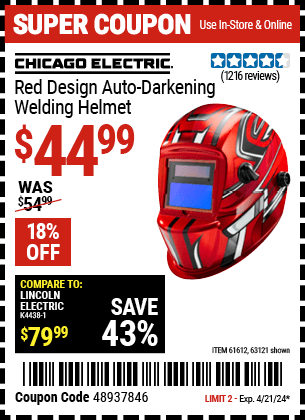 Harbor Freight Coupons, HF Coupons, 20% off - Red Design Auto-darkening Welding Helmet