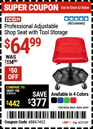 Harbor Freight Coupons, HF Coupons, 20% off - ICON Professional Adjustable Shop Seat with Tool Storage 