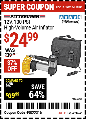 Harbor Freight Coupons, HF Coupons, 20% off - 12v 100 PSI High Volume Air Inflator