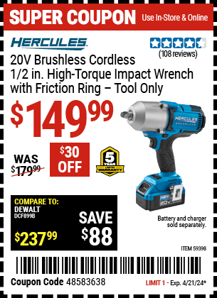 Harbor Freight Coupons, HF Coupons, 20% off - HERCULES 20V Brushless Cordless 1/2 in. High Torque Impact Wrench 