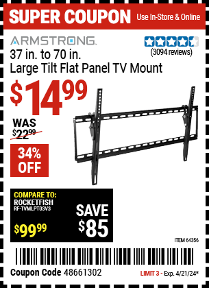 Harbor Freight Coupons, HF Coupons, 20% off - ARMSTRONG Large Tilt Flat Panel TV Mount for $19.99