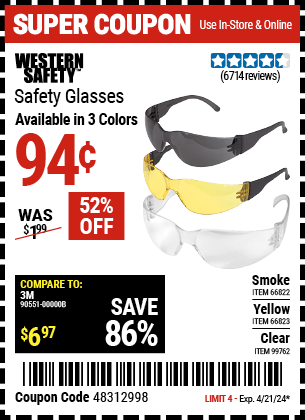 Harbor Freight Coupons, HF Coupons, 20% off - Clear Lens Safety Glasses