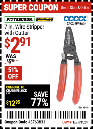 Harbor Freight Coupons, HF Coupons, 20% off - PITTSBURGH 7 in. Wire Stripper with Cutter for $2.99