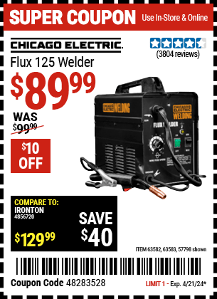 Harbor Freight Coupons, HF Coupons, 20% off - 125 Amp Flux-core Welder