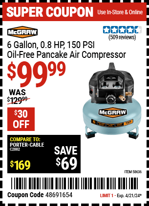 Harbor Freight Coupons, HF Coupons, 20% off - MCGRAW 6 gallon 0.8 HP 150 PSI Oil Free Pancake Air Compressor 
