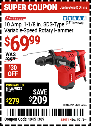 Harbor Freight Coupons, HF Coupons, 20% off - BAUER 1-1/8 in. SDS Variable Speed Pro Rotary Hammer Kit for $69.99