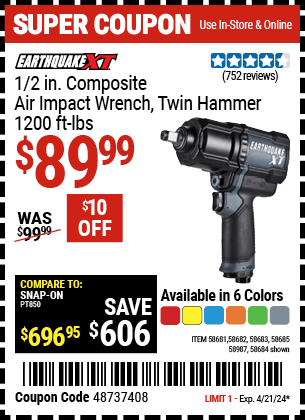 Harbor Freight Coupons, HF Coupons, 20% off - EARTHQUAKE 1/2 in. Composite Xtreme Torque Air Impact Wrench 