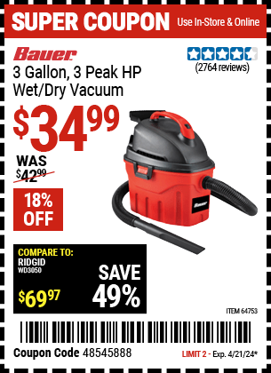 Harbor Freight Coupons, HF Coupons, 20% off - 3 Gallon Wet/dry Vacuum