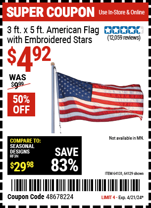 Harbor Freight Coupons, HF Coupons, 20% off - 3 Ft. X 5 Ft. American Flag With Embroidered Stars