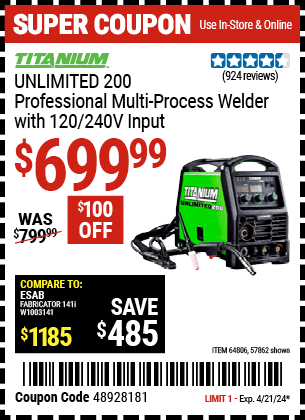 Harbor Freight Coupons, HF Coupons, 20% off - Titanium Unlimited 200 Professional Multiprocess Welder