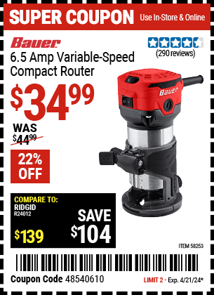 Harbor Freight Coupons, HF Coupons, 20% off - BAUER 1-1/4 HP 1/4 in. Variable Speed Compact Router 