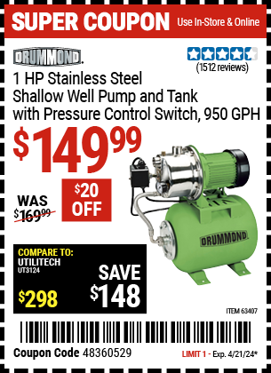 Harbor Freight Coupons, HF Coupons, 20% off - 1 Hp Stainless Steel Shallow Well Pump And Tank