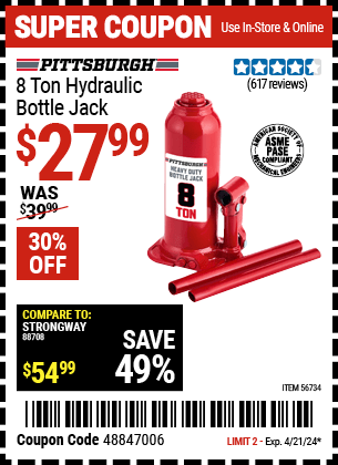 Harbor Freight Coupons, HF Coupons, 20% off - PITTSBURGH 8 Ton Hydraulic Bottle Jack 
