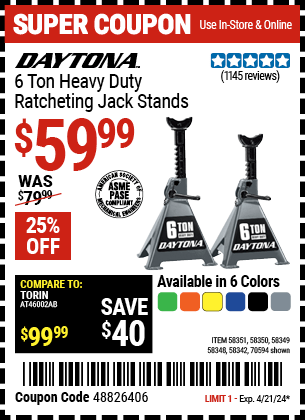 Harbor Freight Coupons, HF Coupons, 20% off - DAYTONA 6 Ton Heavy Duty Ratcheting Jack Stands for $59.99