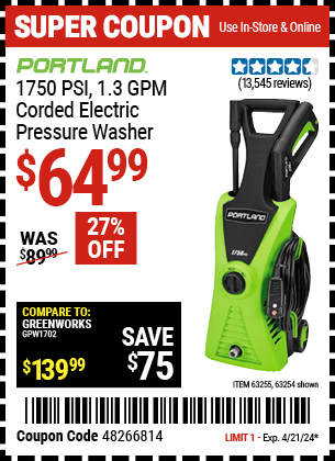 Harbor Freight Coupons, HF Coupons, 20% off - 1750 Psi Electric Pressure Washer