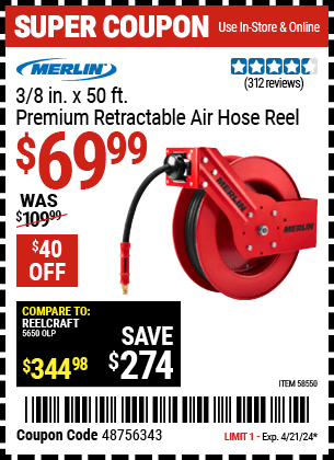 Harbor Freight Coupons, HF Coupons, 20% off - 3/8 in. x 50 ft. Premium Retractable Air Hose Reel