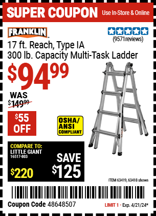 Harbor Freight Coupons, HF Coupons, 20% off - 17 Foot Type Ia Muti Task Ladder