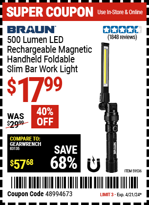 Harbor Freight Coupons, HF Coupons, 20% off - BRAUN 500 Lumen LED Rechargeable Magnetic Handheld Foldable Slim Bar Work Light 