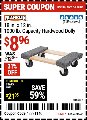Harbor Freight Coupons, HF Coupons, 20% off - FRANKLIN 18 in. x 12 in. 1000 lb. Capacity Hardwood Dolly 