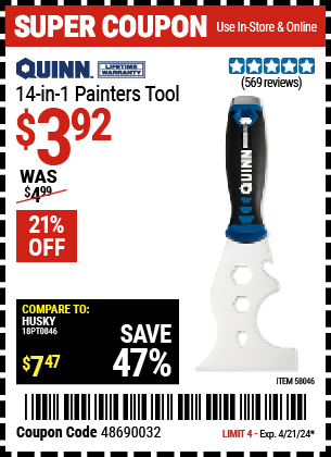 Harbor Freight Coupons, HF Coupons, 20% off - QUINN 14-In-1 Painter??s Tool for $3.99