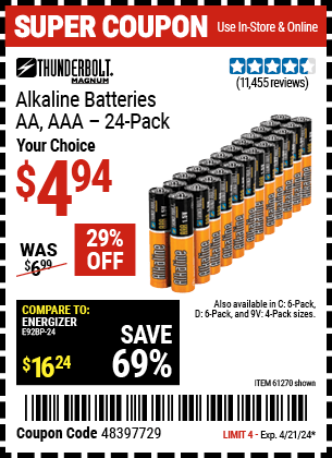 Harbor Freight Coupons, HF Coupons, 20% off - Thunderbolt Magnum Alkaline Batteries Aa, Aaa - 24 Pk