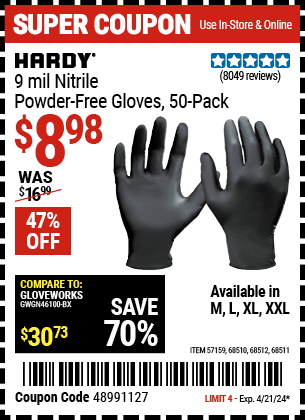 Harbor Freight Coupons, HF Coupons, 20% off - Powder-free Nitrile Gloves Pack Of 50