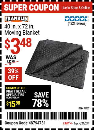 Harbor Freight Coupons, HF Coupons, 20% off - FRANKLIN 40 in. x 72 in. Moving Blanket 