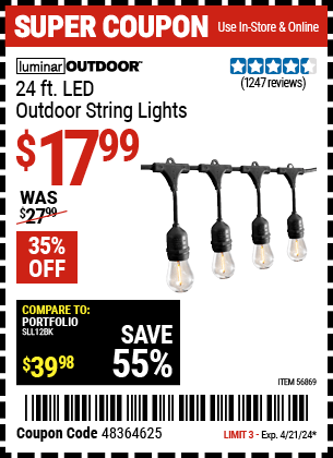 Harbor Freight Coupons, HF Coupons, 20% off - LUMINAR OUTDOOR 24ft., 12 Bob Outdoor LED String Lights