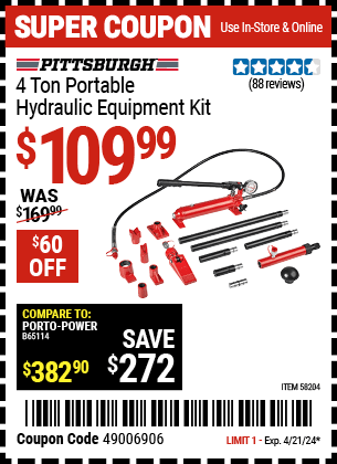 Harbor Freight Coupons, HF Coupons, 20% off - PITTSBURGH 4 Ton Portable Hydraulic Equipment Kit for $119.99