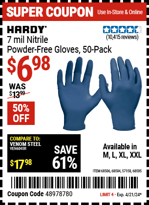 Harbor Freight Coupons, HF Coupons, 20% off - 7 Mil Heavy Duty Powder-free Nitrile Gloves Pack Of 50