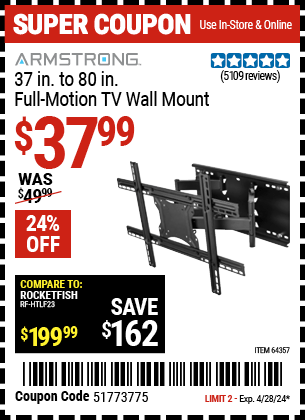 Harbor Freight Coupons, HF Coupons, 20% off - ARMSTRONG 37 in. to 80 in. Full-Motion TV Wall Mount for $39.99