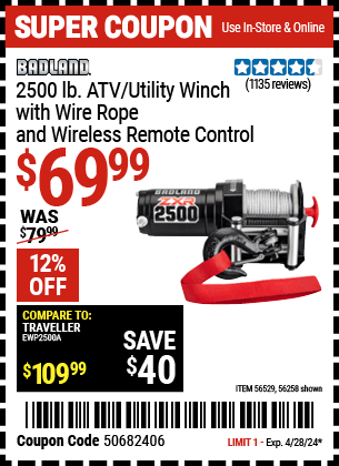 Harbor Freight Coupons, HF Coupons, 20% off - BADLAND 2500 Lb. ATV/Utility Electric Winch With Wireless Remote Control for $79.99