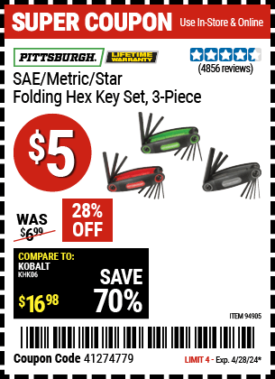 Harbor Freight Coupons, HF Coupons, 20% off - Sae/metric/torx Folding Hex Key Set Pack Of 3
