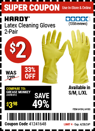 Harbor Freight Coupons, HF Coupons, 20% off - Latex Cleaning Gloves 2 Pair